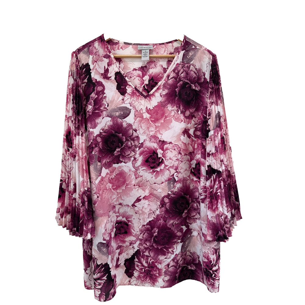 Catherines‎ Pink Floral Tunic Top Sz 1X Accordian Wide Bell Sleeves Peasant Boho